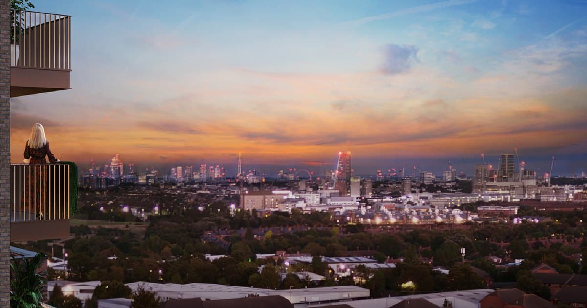 The London skyline at dusk, seen from a Royal Gateway balcony