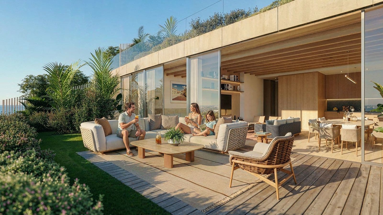 A sea residence terrace and private garden with the ocean beyond