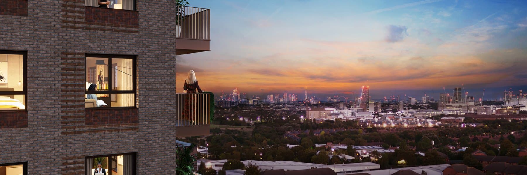 The London skyline at dusk, seen from a Royal Gateway terrace